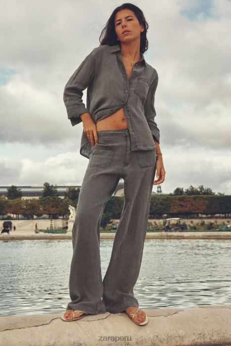 Zara mujer camisa de lino con bolsillos BDP8J350 ropa gris