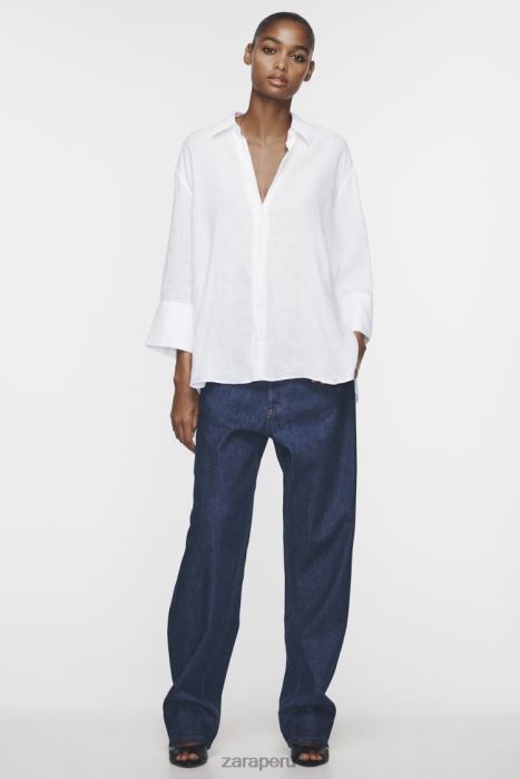 Zara mujer camisa de lino con dobladillo asimétrico BDP8J394 ropa ostra blanca