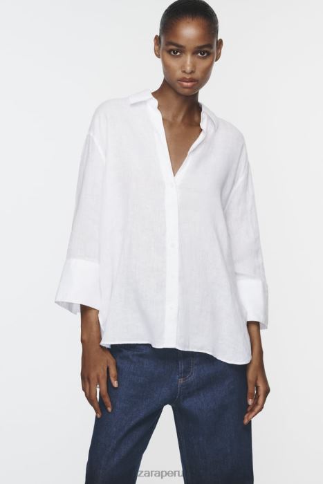 Zara mujer camisa de lino con dobladillo asimétrico BDP8J394 ropa ostra blanca