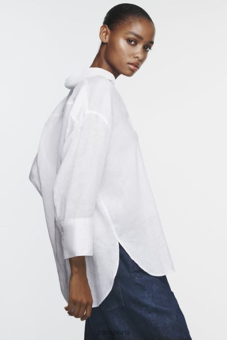 Zara mujer camisa de lino con dobladillo asimétrico BDP8J394 ropa ostra blanca