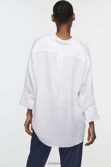 Zara mujer camisa de lino con dobladillo asimétrico BDP8J394 ropa ostra blanca