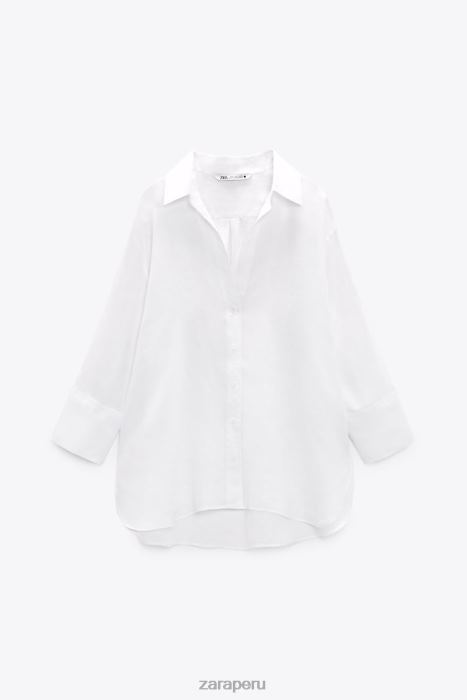 Zara mujer camisa de lino con dobladillo asimétrico BDP8J394 ropa ostra blanca