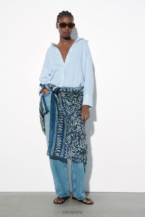 Zara mujer camisa de mezcla de lino a rayas BDP8J341 ropa azul blanco