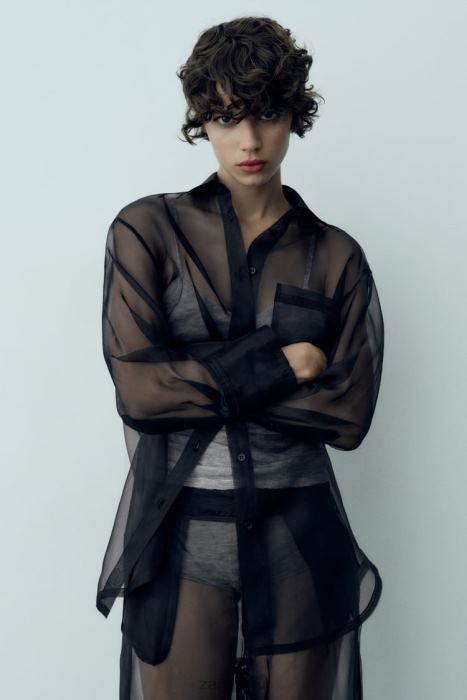 Zara mujer camisa de organza extragrande BDP8J329 ropa negro