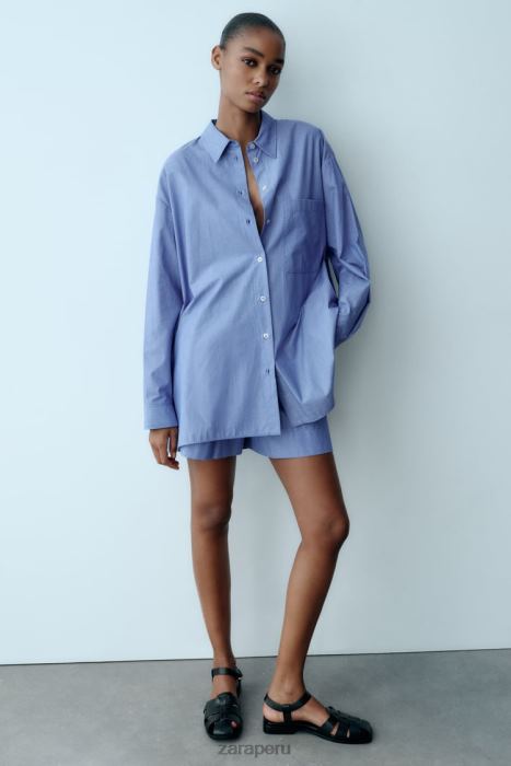 Zara mujer camisa de popelina a rayas estilo masculino BDP8J351 ropa azul