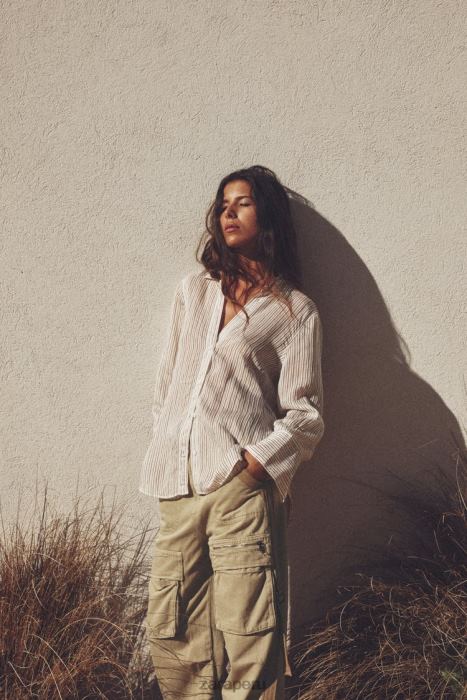 Zara mujer camisa de rayas BDP8J423 ropa crudo/marrón