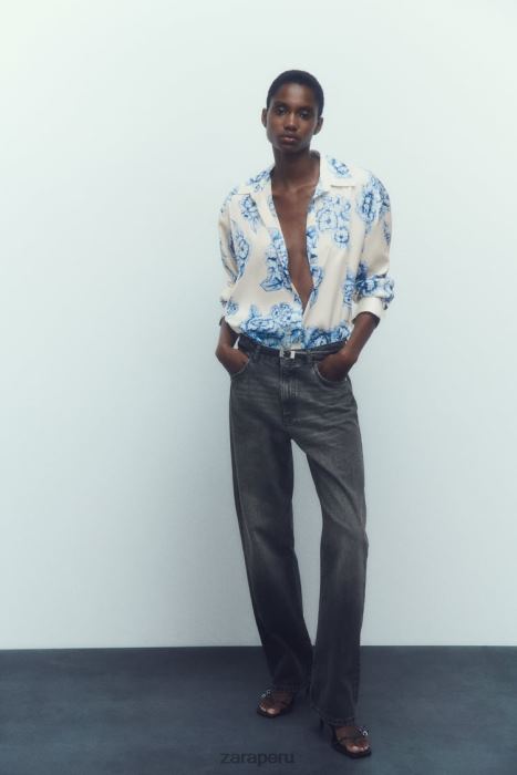 Zara mujer camisa de satén con estampado floral BDP8J336 ropa azul blanco