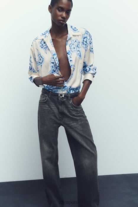Zara mujer camisa de satén con estampado floral BDP8J336 ropa azul blanco