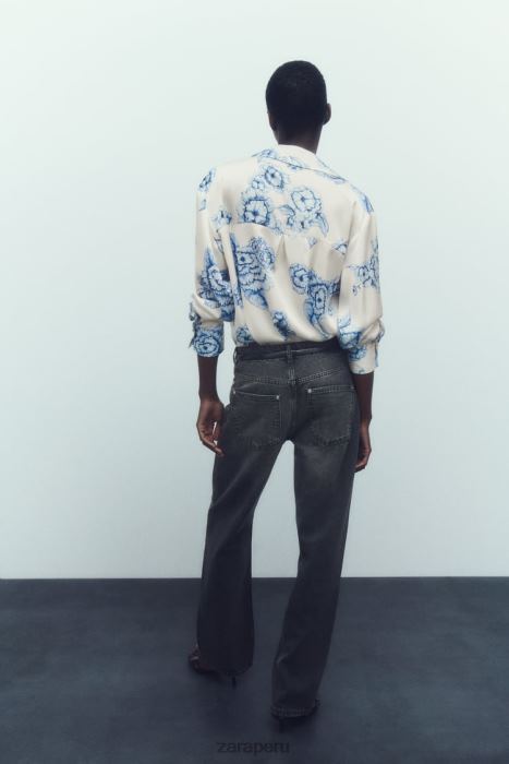 Zara mujer camisa de satén con estampado floral BDP8J336 ropa azul blanco