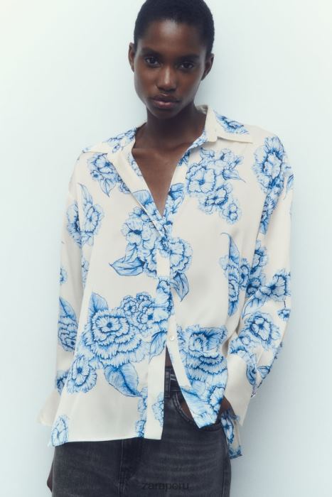 Zara mujer camisa de satén con estampado floral BDP8J336 ropa azul blanco
