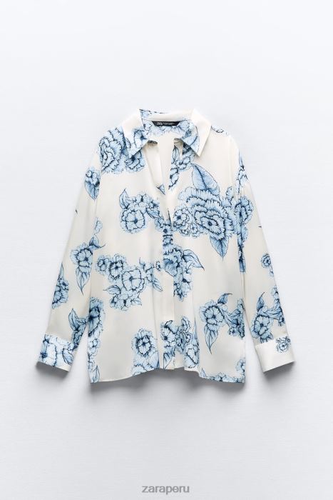 Zara mujer camisa de satén con estampado floral BDP8J336 ropa azul blanco