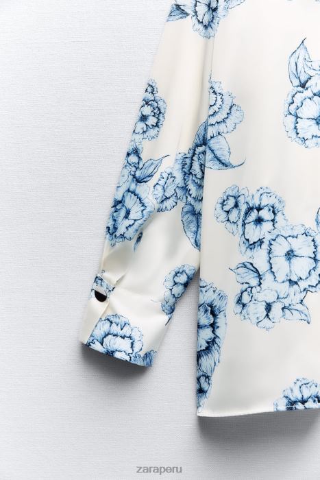 Zara mujer camisa de satén con estampado floral BDP8J336 ropa azul blanco