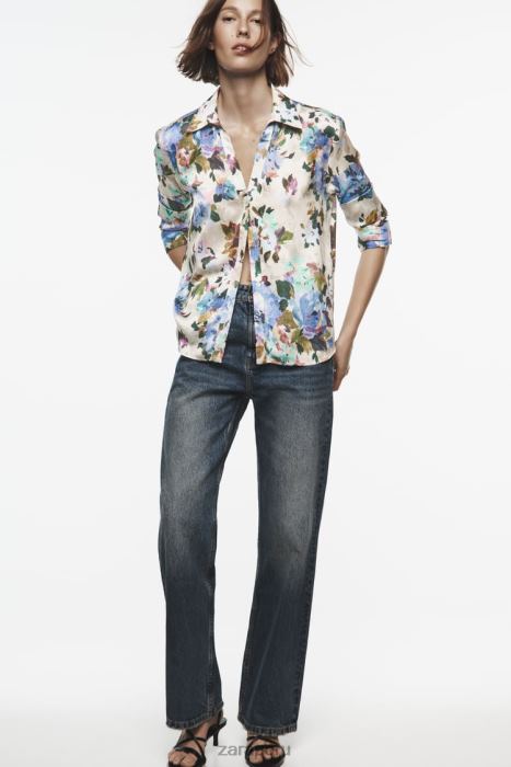 Zara mujer camisa de satén con estampado floral BDP8J372 ropa crudo/verde