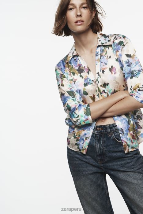 Zara mujer camisa de satén con estampado floral BDP8J372 ropa crudo/verde