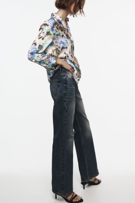 Zara mujer camisa de satén con estampado floral BDP8J372 ropa crudo/verde