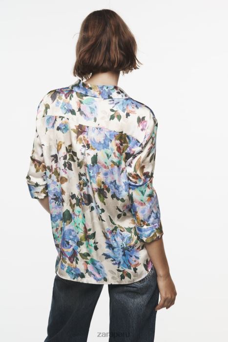 Zara mujer camisa de satén con estampado floral BDP8J372 ropa crudo/verde