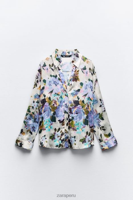 Zara mujer camisa de satén con estampado floral BDP8J372 ropa crudo/verde