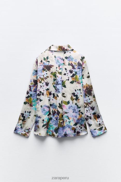 Zara mujer camisa de satén con estampado floral BDP8J372 ropa crudo/verde