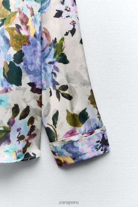 Zara mujer camisa de satén con estampado floral BDP8J372 ropa crudo/verde
