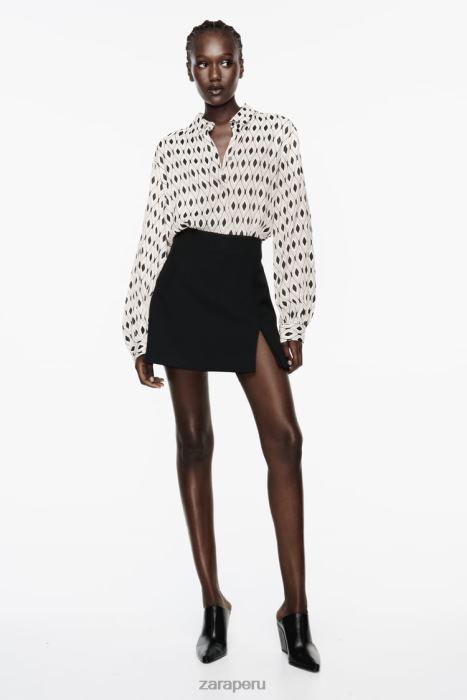 Zara mujer camisa de satén con estampado geométrico BDP8J331 ropa crudo/negro