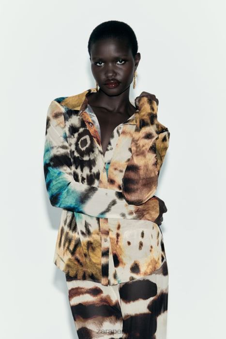 Zara mujer camisa de tul con estampado tie-dye BDP8J458 ropa naranjas