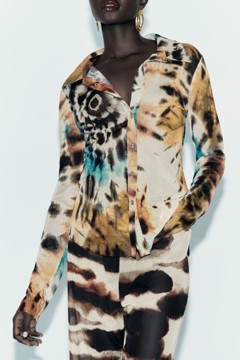 Zara mujer camisa de tul con estampado tie-dye BDP8J458 ropa naranjas