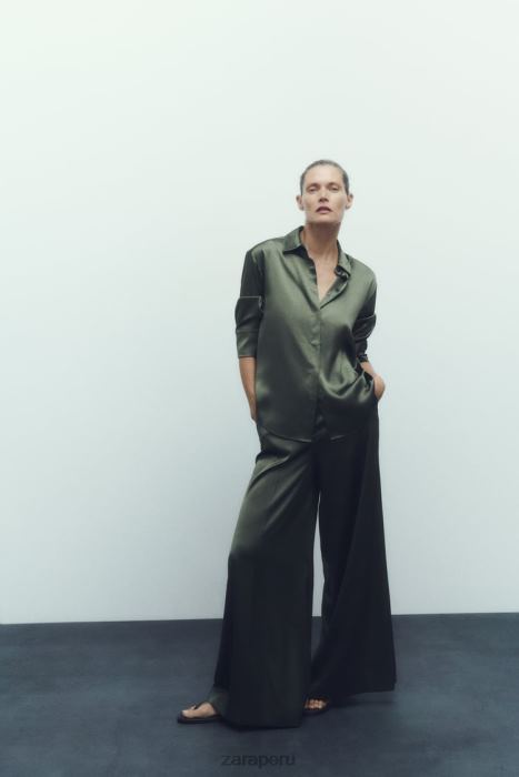 Zara mujer camisa efecto satinado BDP8J334 ropa verde oscuro