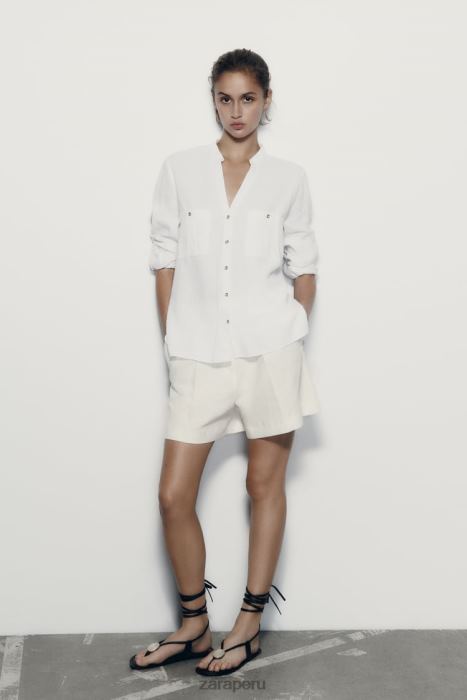Zara mujer camisa en mezcla de lino con lengüeta en las mangas BDP8J374 ropa blanco