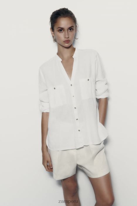 Zara mujer camisa en mezcla de lino con lengüeta en las mangas BDP8J374 ropa blanco