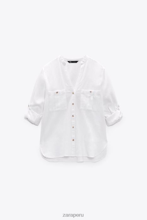Zara mujer camisa en mezcla de lino con lengüeta en las mangas BDP8J374 ropa blanco