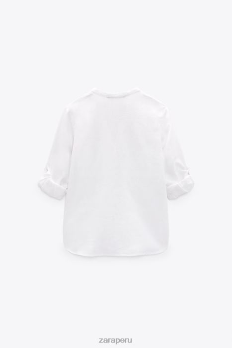 Zara mujer camisa en mezcla de lino con lengüeta en las mangas BDP8J374 ropa blanco