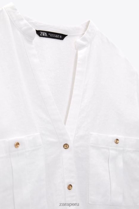 Zara mujer camisa en mezcla de lino con lengüeta en las mangas BDP8J374 ropa blanco