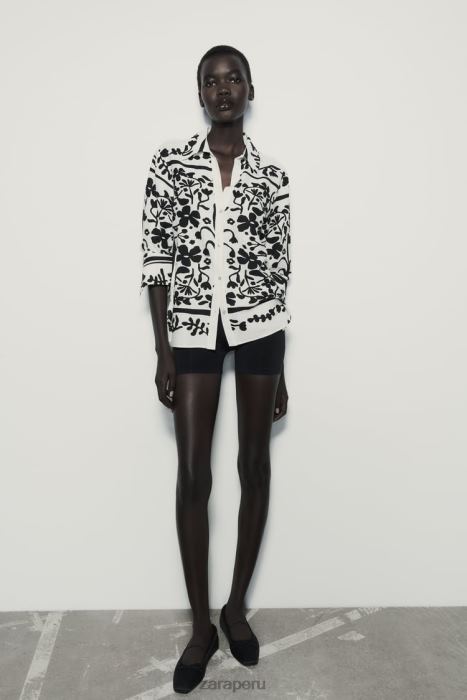 Zara mujer camisa estampada en mezcla de lino BDP8J378 ropa crudo/negro