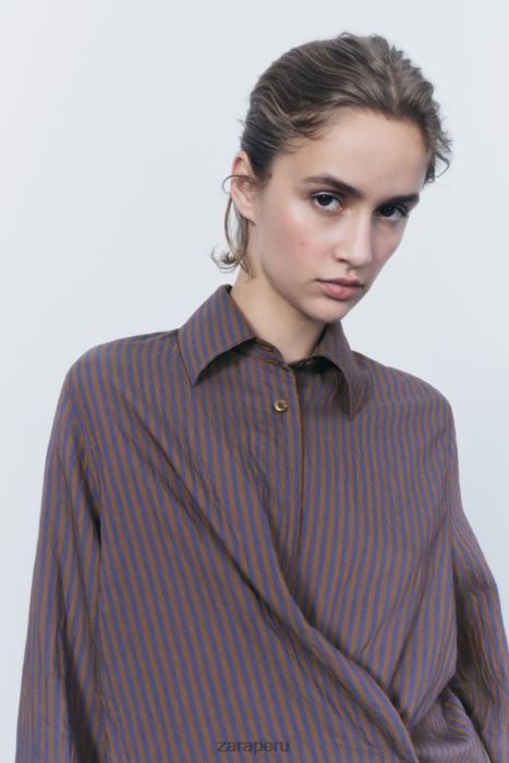 Zara mujer camisa minimalista de rayas multi/posicional de zw collection BDP8J299 ropa marrón/azul