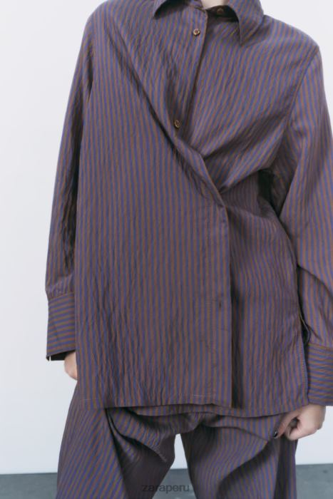Zara mujer camisa minimalista de rayas multi/posicional de zw collection BDP8J299 ropa marrón/azul