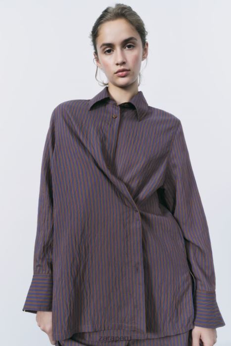 Zara mujer camisa minimalista de rayas multi/posicional de zw collection BDP8J299 ropa marrón/azul