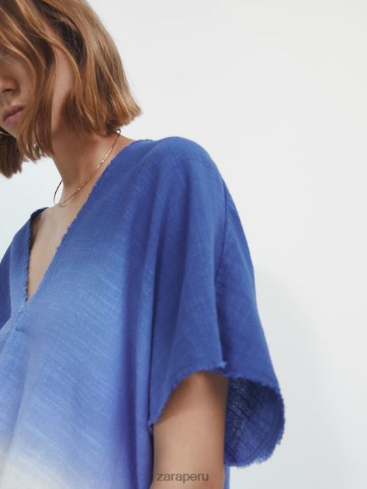 Zara mujer camisa rústica de manga corta sombreada BDP8J856 ropa cielo azul