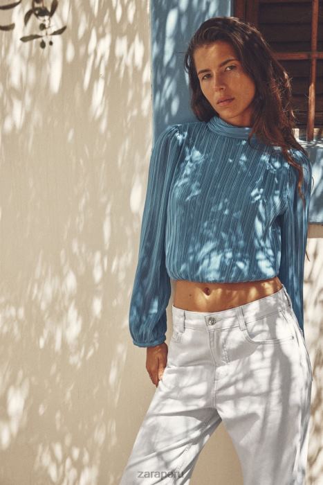 Zara mujer top plisado con espalda abierta BDP8J420 ropa azul medio