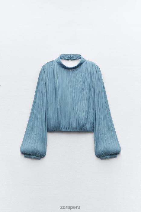 Zara mujer top plisado con espalda abierta BDP8J420 ropa azul medio