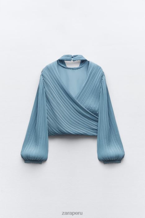 Zara mujer top plisado con espalda abierta BDP8J420 ropa azul medio