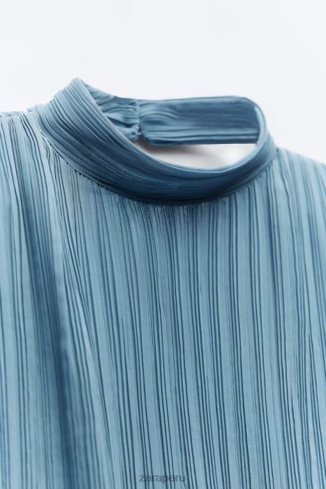 Zara mujer top plisado con espalda abierta BDP8J420 ropa azul medio