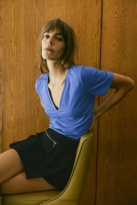 Zara mujer camiseta básica de algodón con cuello en v BDP8J466 ropa azulado