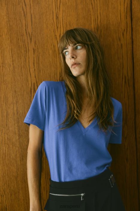 Zara mujer camiseta básica de algodón con cuello en v BDP8J466 ropa azulado