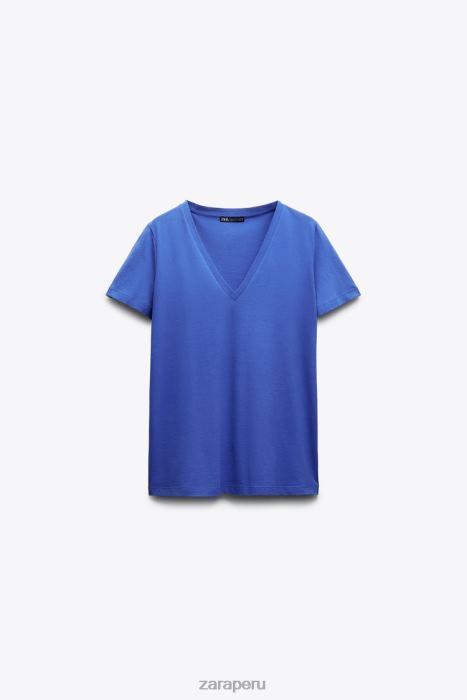 Zara mujer camiseta básica de algodón con cuello en v BDP8J466 ropa azulado