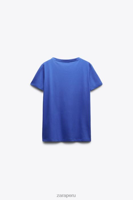 Zara mujer camiseta básica de algodón con cuello en v BDP8J466 ropa azulado