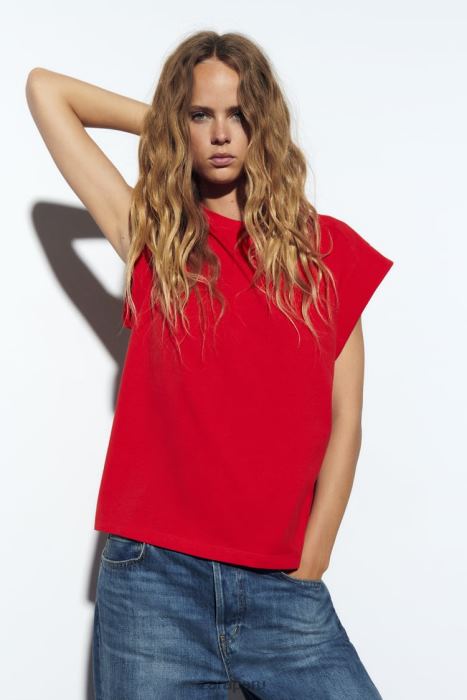 Zara mujer camiseta de canalé de algodón BDP8J469 ropa rojo