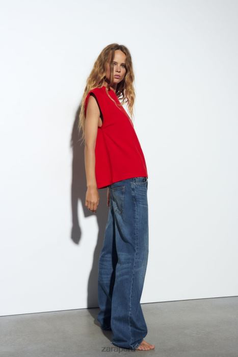 Zara mujer camiseta de canalé de algodón BDP8J469 ropa rojo