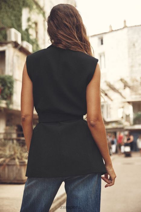 Zara mujer chaleco de esmoquin con cinturón BDP8J198 ropa negro