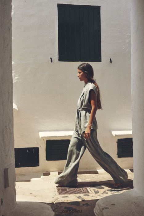 Zara mujer chaleco de lino con cinturón BDP8J210 ropa verde claro