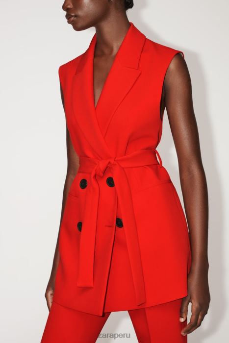 Zara mujer chaleco largo con doble botonadura y cinturón BDP8J209 ropa rojo